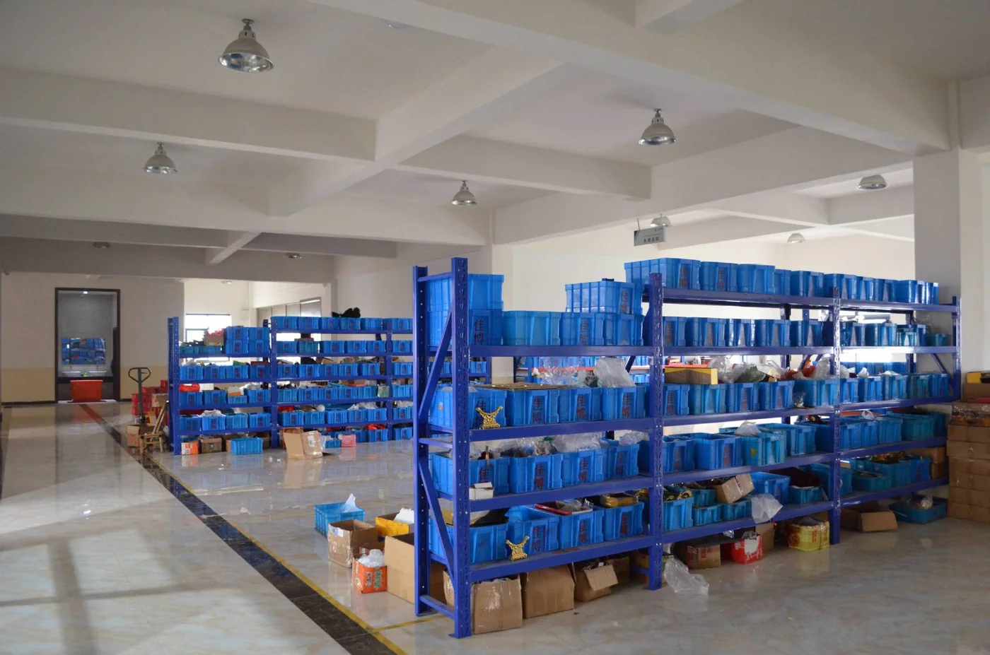 Organized storage inside the Extra Dream factory